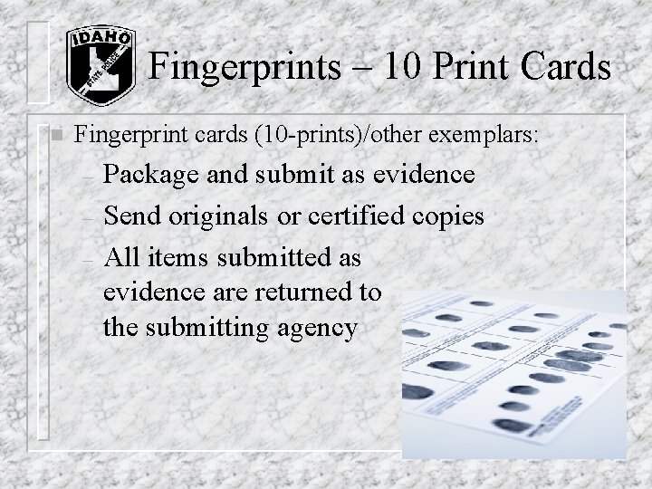 Fingerprints – 10 Print Cards n Fingerprint cards (10 -prints)/other exemplars: – – – Fingerprints – 10 Print Cards n Fingerprint cards (10 -prints)/other exemplars: – – –