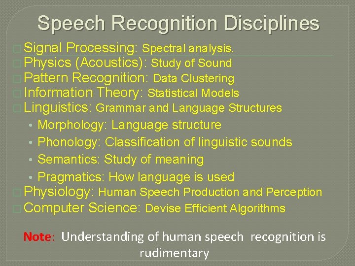 Speech Recognition Disciplines � Signal Processing: Spectral analysis. � Physics (Acoustics): Study of Sound