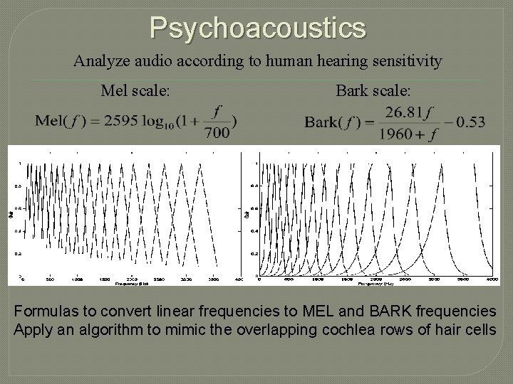 Psychoacoustics Analyze audio according to human hearing sensitivity Mel scale: Bark scale: Formulas to