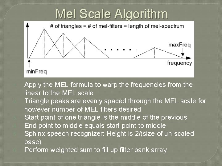 Mel Scale Algorithm 1. 2. 3. 4. 5. 6. Apply the MEL formula to