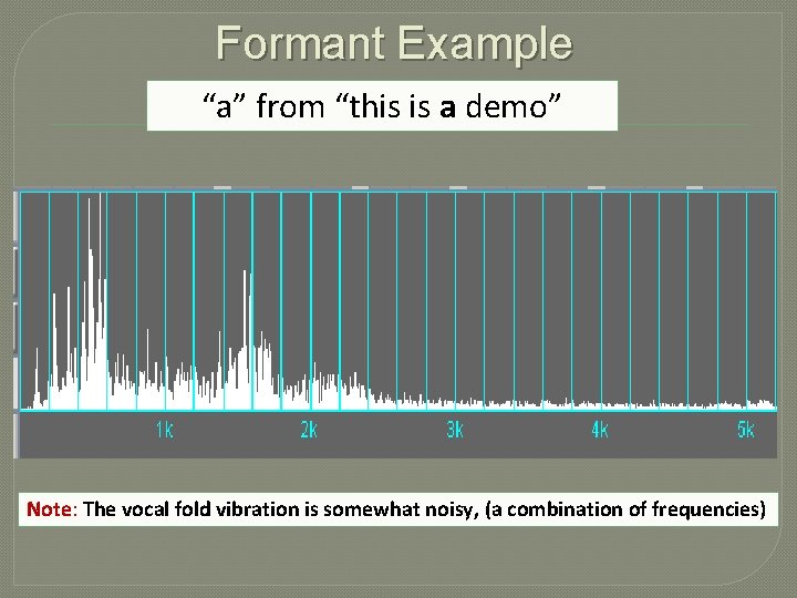 Formant Example “a” from “this is a demo” Note: The vocal fold vibration is