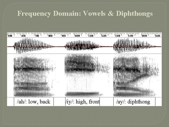 Frequency Domain: Vowels & Diphthongs /ah/: low, back /iy/: high, front /ay/: diphthong 