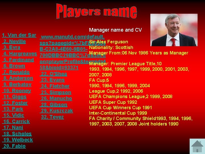 Manager name and CV 1. Van der Sar www. manutd. com/default. 2. Neville Sir
