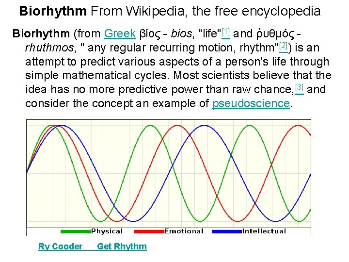 Biorhythm From Wikipedia, the free encyclopedia Biorhythm (from Greek βίος - bios, "life"[1] and