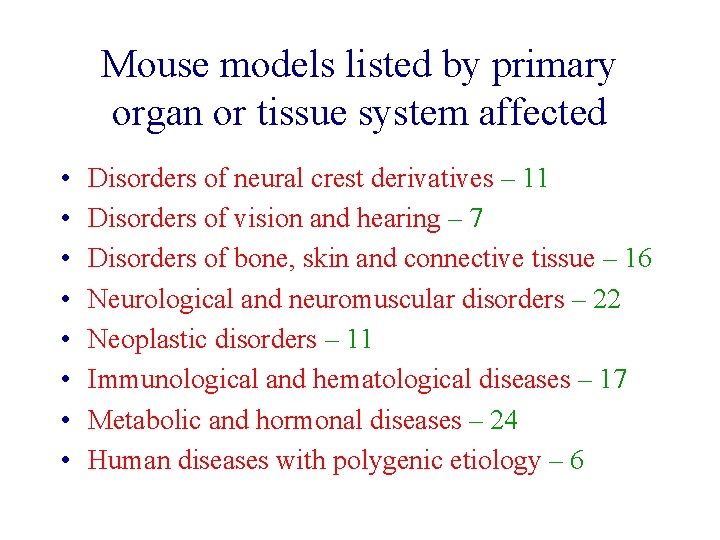 Mouse models listed by primary organ or tissue system affected • • Disorders of Mouse models listed by primary organ or tissue system affected • • Disorders of