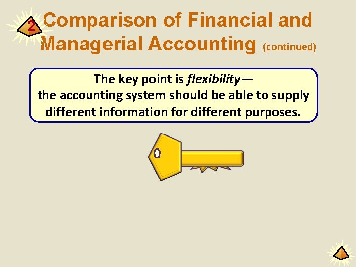 2 Comparison of Financial and Managerial Accounting (continued) The key point is flexibility— the