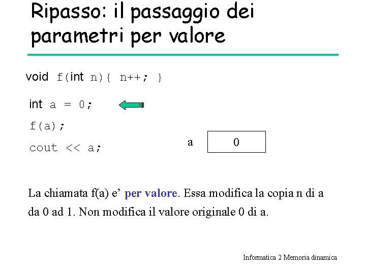 Ripasso: il passaggio dei parametri per valore void f(int n){ n++; } int a