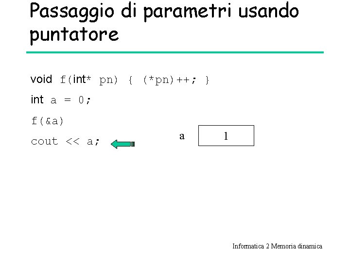 Passaggio di parametri usando puntatore void f(int* pn) { (*pn)++; } int a =