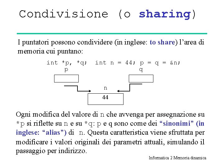 Condivisione (o sharing) I puntatori possono condividere (in inglese: to share) l’area di memoria