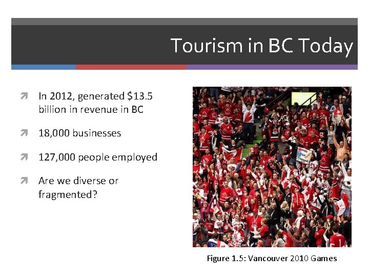 Tourism in BC Today In 2012, generated $13. 5 billion in revenue in BC