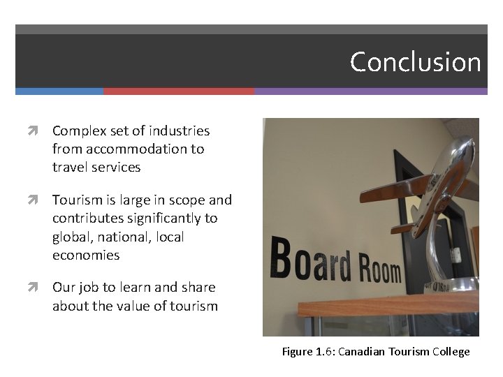 Conclusion Complex set of industries from accommodation to travel services Tourism is large in