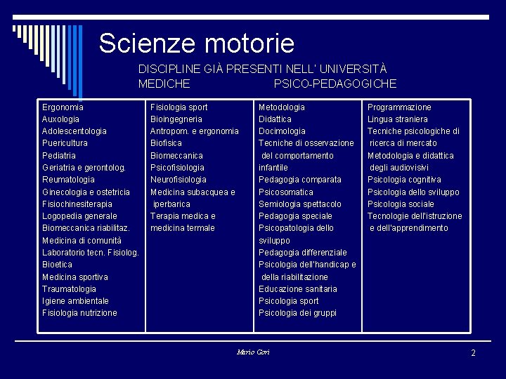 Scienze motorie DISCIPLINE GIÀ PRESENTI NELL’ UNIVERSITÀ MEDICHE PSICO-PEDAGOGICHE Ergonomia Auxologia Adolescentologia Puericultura Pediatria