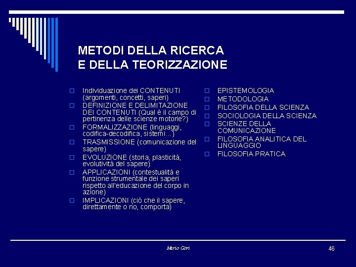 METODI DELLA RICERCA E DELLA TEORIZZAZIONE o o o o Individuazione dei CONTENUTI (argomenti,