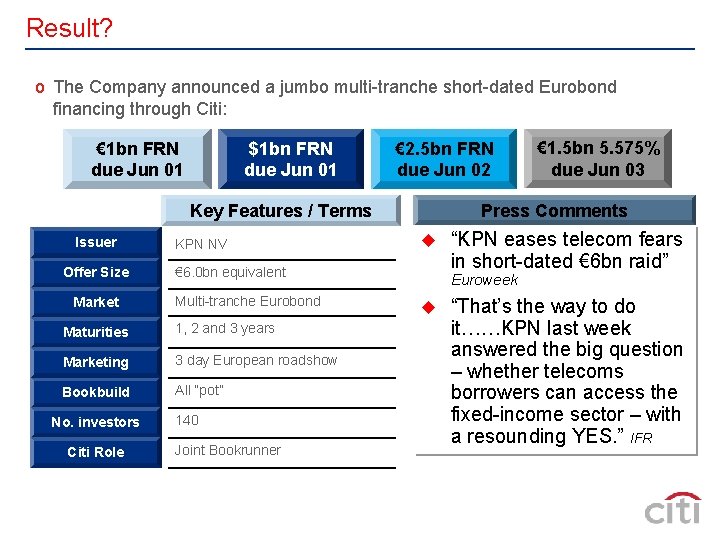 Result? o The Company announced a jumbo multi-tranche short-dated Eurobond financing through Citi: €