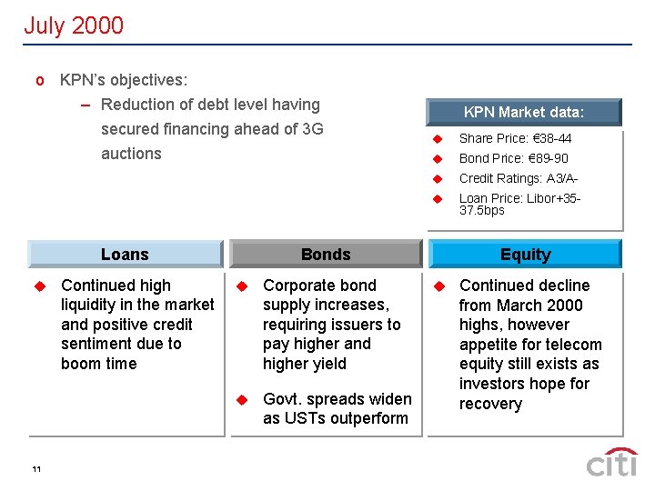 July 2000 o KPN’s objectives: – Reduction of debt level having secured financing ahead