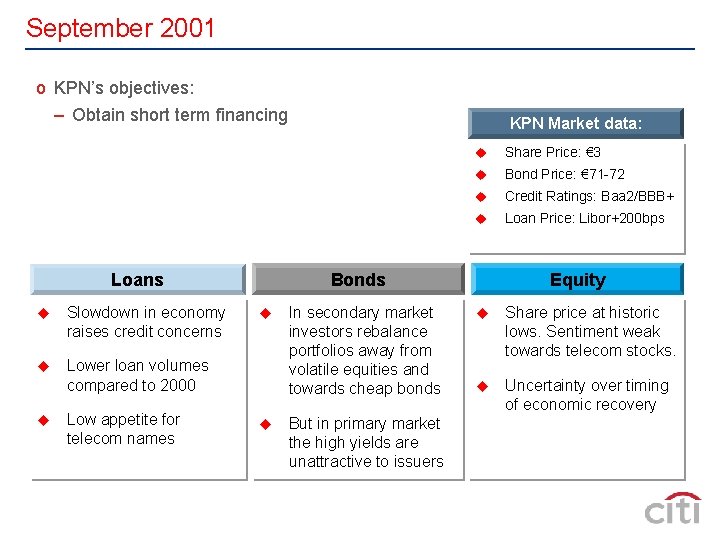 September 2001 o KPN’s objectives: – Obtain short term financing Slowdown in economy raises