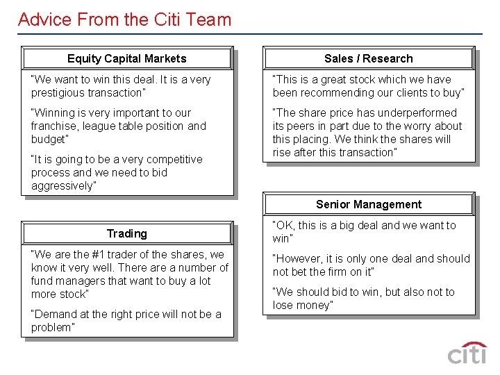 Advice From the Citi Team Equity Capital Markets Sales / Research “We want to