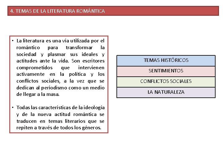 4. TEMAS DE LA LITERATURA ROMÁNTICA • La literatura es una vía utilizada por