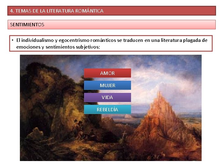 4. TEMAS DE LA LITERATURA ROMÁNTICA SENTIMIENTOS • El individualismo y egocentrismo románticos se