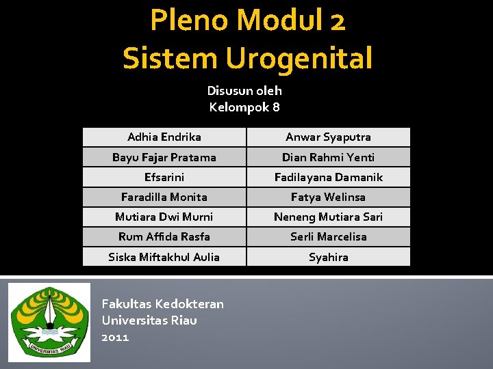 Pleno Modul 2 Sistem Urogenital Disusun oleh Kelompok 8 Adhia Endrika Anwar Syaputra Bayu
