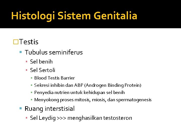 Histologi Sistem Genitalia �Testis Tubulus seminiferus ▪ Sel benih ▪ Sel Sertoli ▪ ▪