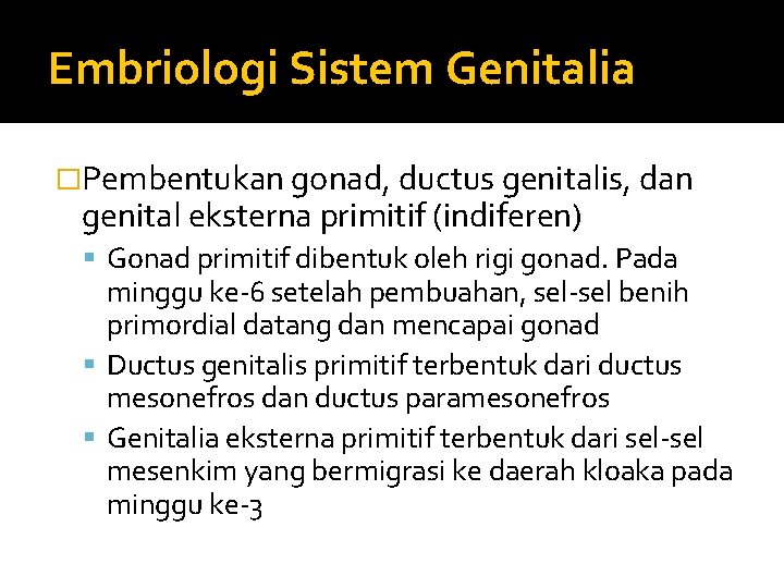 Embriologi Sistem Genitalia �Pembentukan gonad, ductus genitalis, dan genital eksterna primitif (indiferen) Gonad primitif