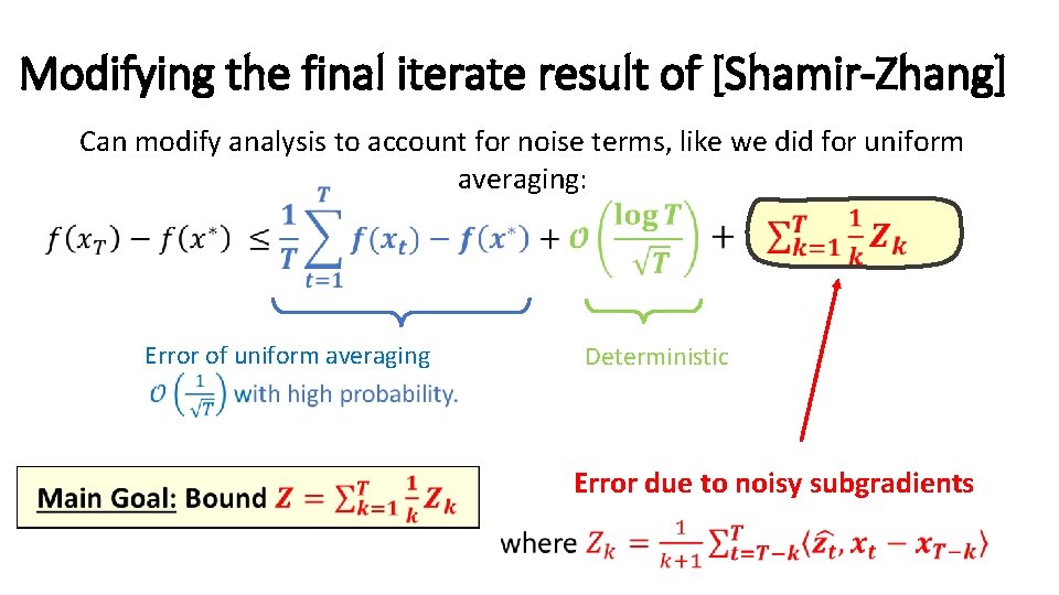 Modifying the final iterate result of [Shamir-Zhang] Can modify analysis to account for noise