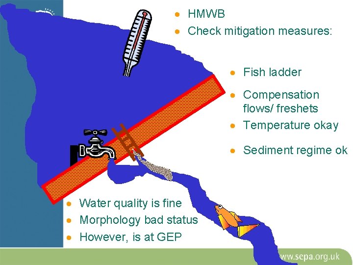 · HMWB · Check mitigation measures: · Fish ladder · Compensation flows/ freshets · · HMWB · Check mitigation measures: · Fish ladder · Compensation flows/ freshets ·