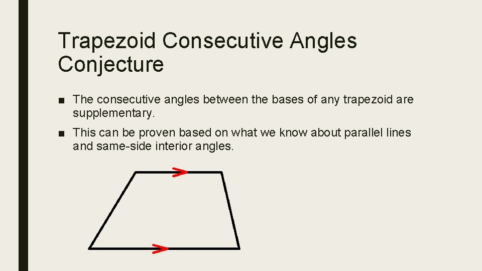 Trapezoid Consecutive Angles Conjecture ■ The consecutive angles between the bases of any trapezoid