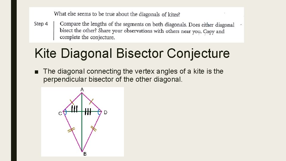 Kite Diagonal Bisector Conjecture ■ The diagonal connecting the vertex angles of a kite