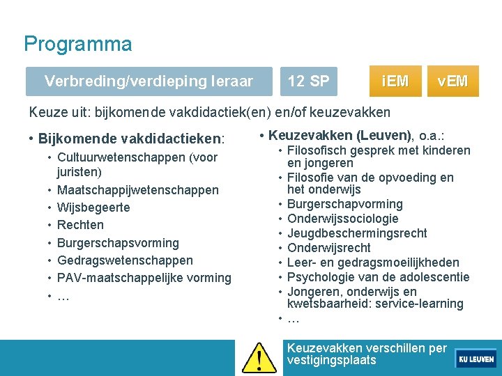 Programma Verbreding/verdieping leraar 12 SP i. EM v. EM Keuze uit: bijkomende vakdidactiek(en) en/of