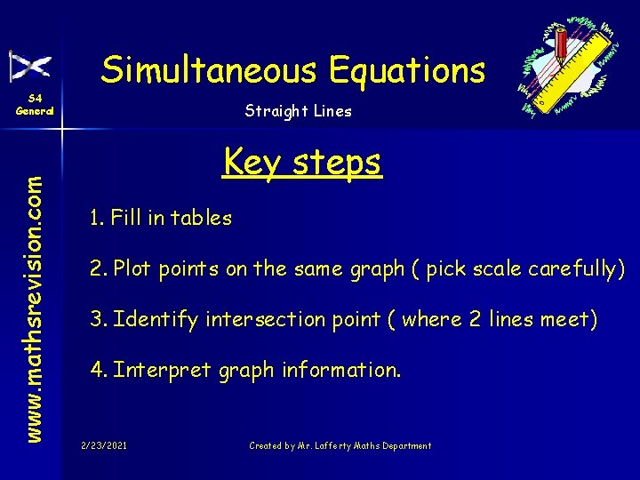 www. mathsrevision. com S 4 General Simultaneous Equations Straight Lines Key steps 1. Fill