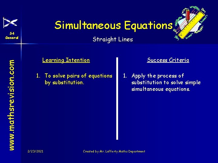 Simultaneous Equations www. mathsrevision. com S 4 General Straight Lines Learning Intention 1. To
