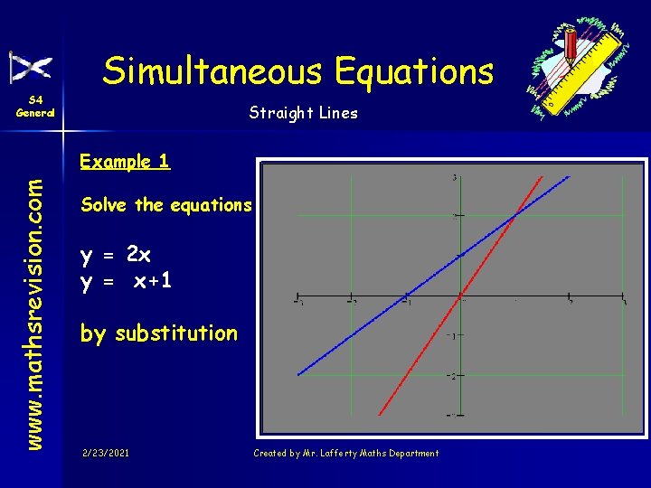 S 4 General Simultaneous Equations Straight Lines www. mathsrevision. com Example 1 Solve the