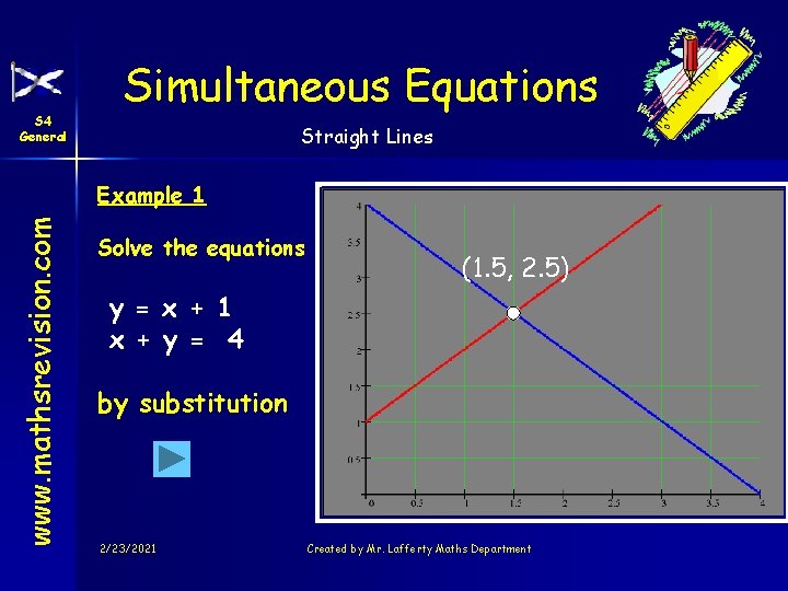 S 4 General Simultaneous Equations Straight Lines www. mathsrevision. com Example 1 Solve the