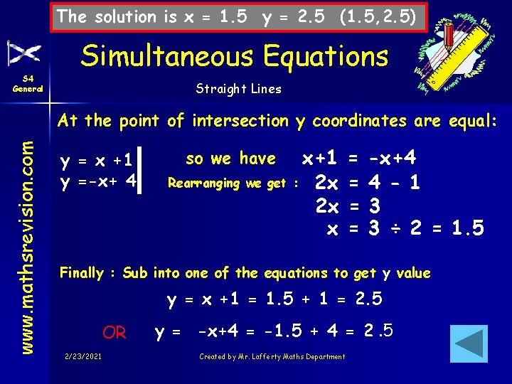 The solution is x = 1. 5 y = 2. 5 (1. 5, 2.