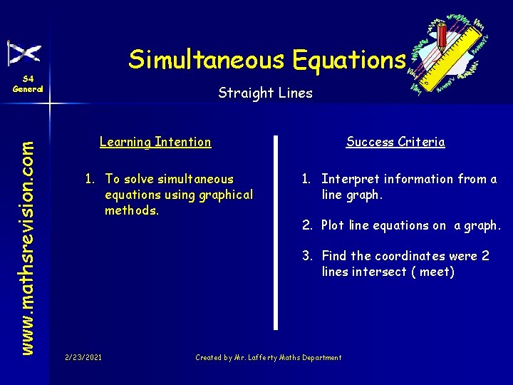 Simultaneous Equations www. mathsrevision. com S 4 General Straight Lines Learning Intention 1. To