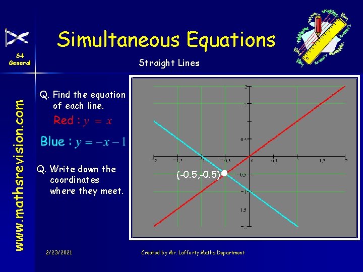 www. mathsrevision. com S 4 General Simultaneous Equations Straight Lines Q. Find the equation