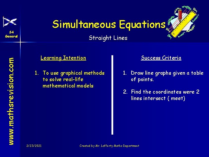 Simultaneous Equations www. mathsrevision. com S 4 General Straight Lines Learning Intention 1. To