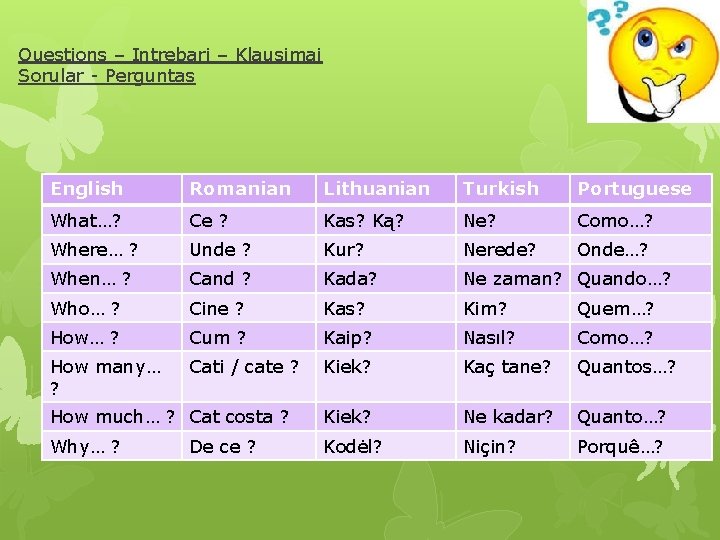 Questions – Intrebari – Klausimai Sorular - Perguntas English Romanian Lithuanian Turkish Portuguese What…?