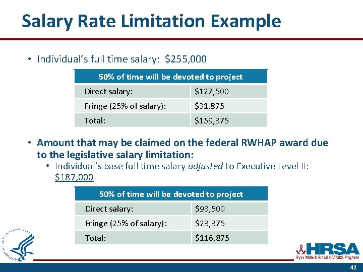 Salary Rate Limitation Example • Individual’s full time salary: $255, 000 50% of time