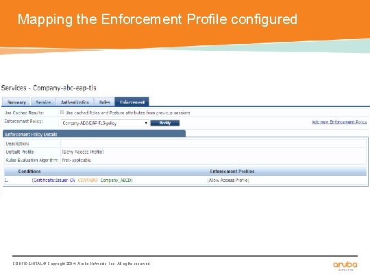 Mapping the Enforcement Profile configured CONFIDENTIAL © Copyright 2014. Aruba Networks, Inc. All rights