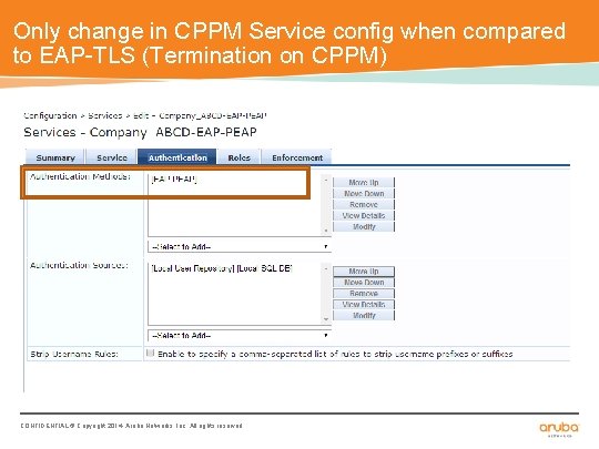 Only change in CPPM Service config when compared to EAP-TLS (Termination on CPPM) CONFIDENTIAL