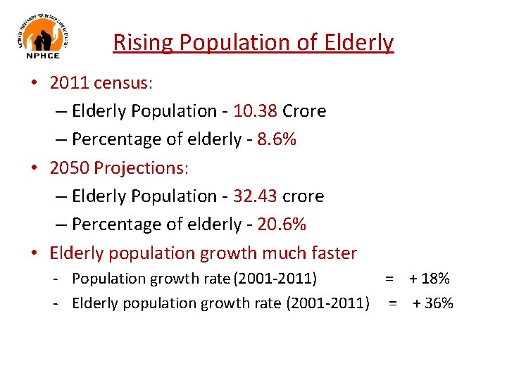 Rising Population of Elderly • 2011 census: – Elderly Population - 10. 38 Crore Rising Population of Elderly • 2011 census: – Elderly Population - 10. 38 Crore