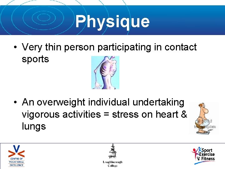 Physique • Very thin person participating in contact sports • An overweight individual undertaking