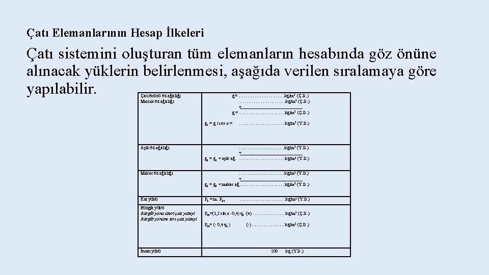 Çatı Elemanlarının Hesap İlkeleri Çatı sistemini oluşturan tüm elemanların hesabında göz önüne alınacak yüklerin