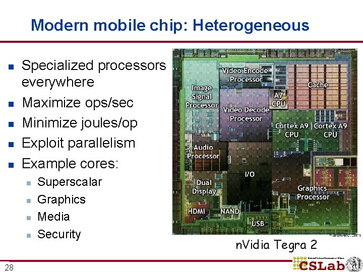 Modern mobile chip: Heterogeneous n n n Specialized processors everywhere Maximize ops/sec Minimize joules/op Modern mobile chip: Heterogeneous n n n Specialized processors everywhere Maximize ops/sec Minimize joules/op
