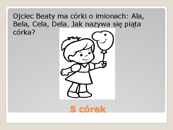 Ojciec Beaty ma córki o imionach: Ala, Bela, Cela, Dela. Jak nazywa się piąta