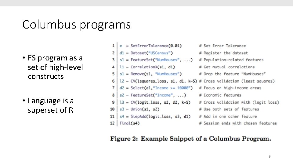 Columbus programs • FS program as a set of high-level constructs • Language is