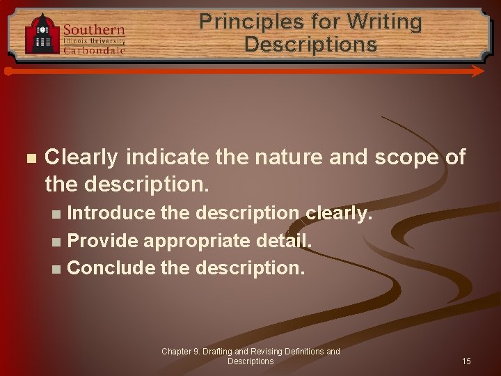Principles for Writing Descriptions n Clearly indicate the nature and scope of the description.